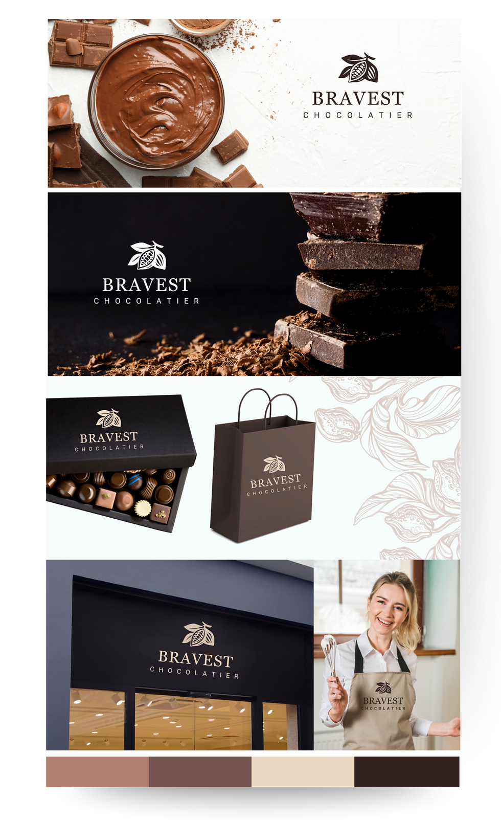 Bravest Chocolatier versatile logo on ptoducts, uniform, stickers and storefront sign — brand identity application UK