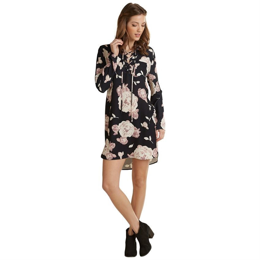 Kinsley Lace Up Dress- Black Floral