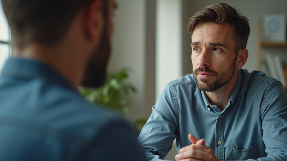 Close-up view of a counselor and a man in a therapy session