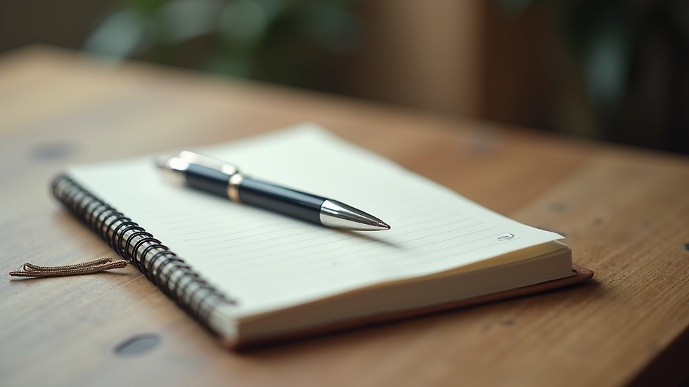 Close-up view of a journal and pen on a wooden table, symbolizing personal growth and reflection