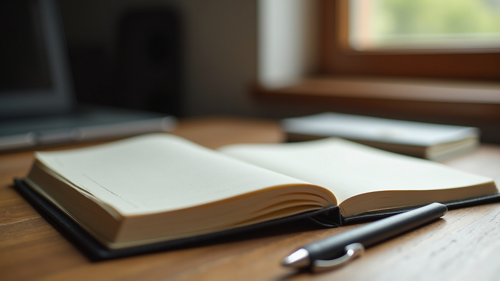 Close-up view of a journal and pen on a wooden table