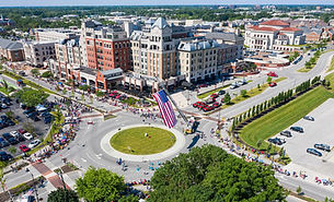 Overhead view of buildings in Carmel, Indiana.