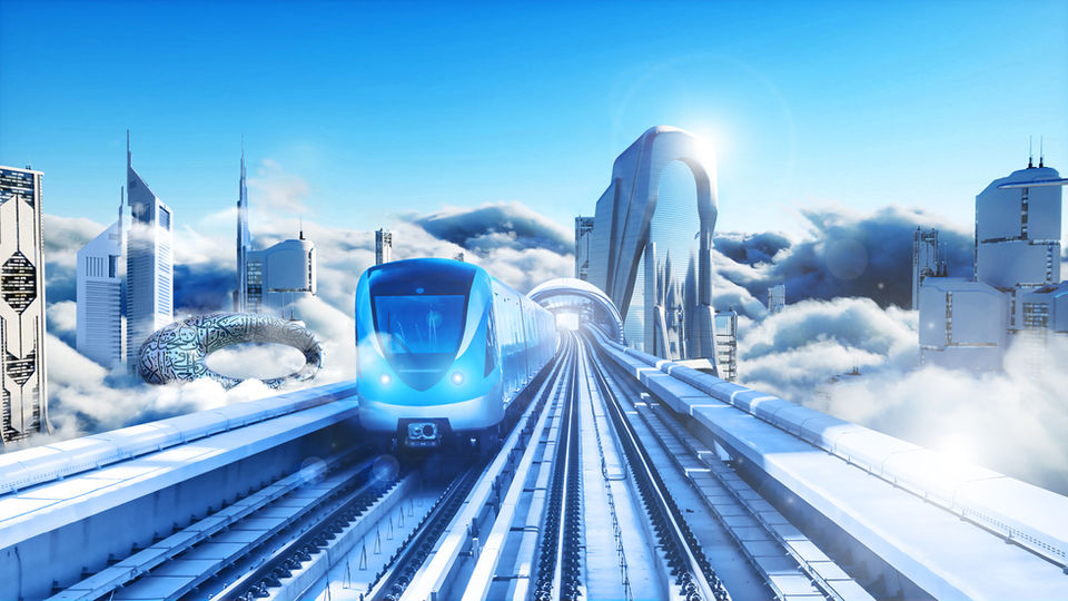Dubai Metro set in a futuristic Dubai skyline