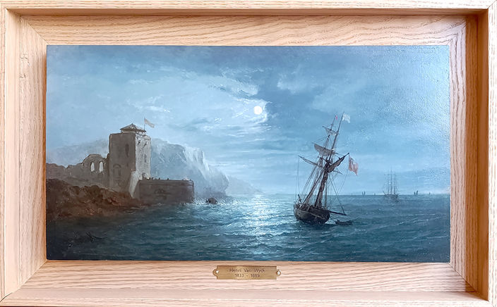 Henri Van Wick, "Marine au clair de lune", huile sur bois, XIXème, 16x30cm XIXème siècle 19ème peinture huile sur toile restauration Yveline 78 Région Parisienne Paris Ile de France copie nettoyage, allègement de vernis, pose d'un nouveau vernis, réparation et retouche des impactes 