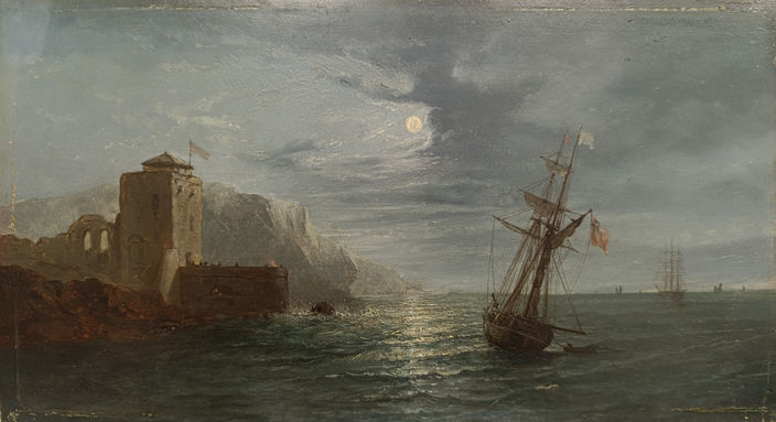 Henri Van Wick, "Marine au clair de lune", huile sur bois, XIXème, 16x30cm XIXème siècle 19ème peinture huile sur toile restauration Yveline 78 Région Parisienne Paris Ile de France copie nettoyage, allègement de vernis, pose d'un nouveau vernis, réparation et retouche des impactes 