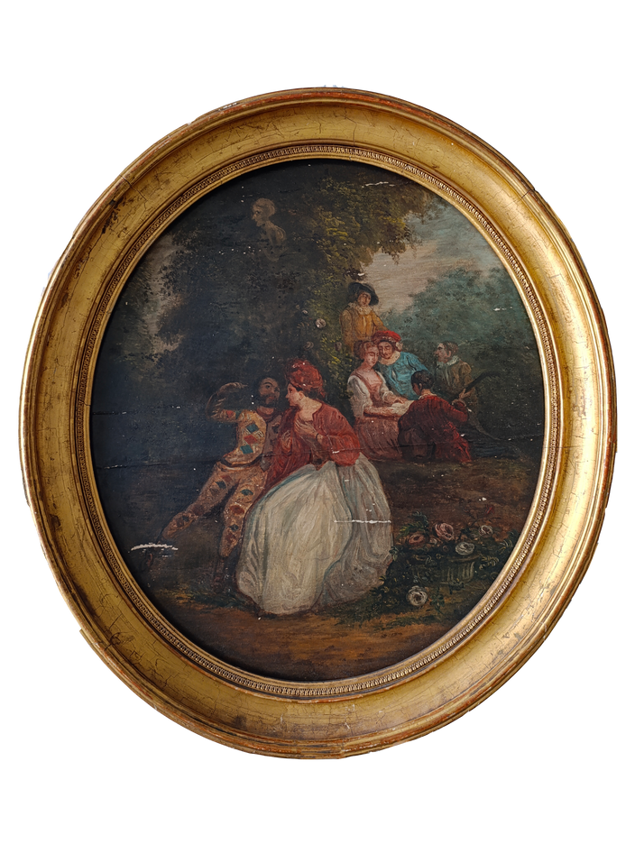 XIXème siècle 19ème peinture huile sur toile restauration Yveline 78 Région Parisienne Paris Ile de France copie nettoyage, allègement de vernis, pose d'un nouveau vernis, réparation et retouche des impactes Jean-Antoine Watteau 