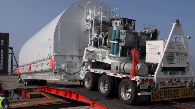 James Webb Space Telescope in its custom container being loaded onto a Ro-ro vessel