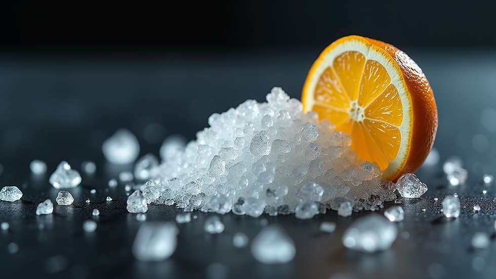 Close-up view of citric acid crystals against a dark surface