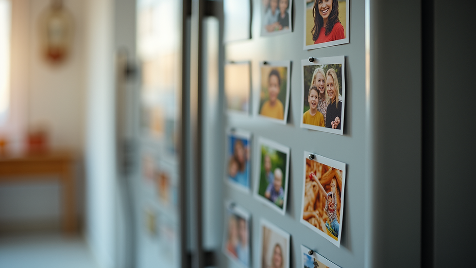 Close-up view of colorful custom photo magnets on a fridge