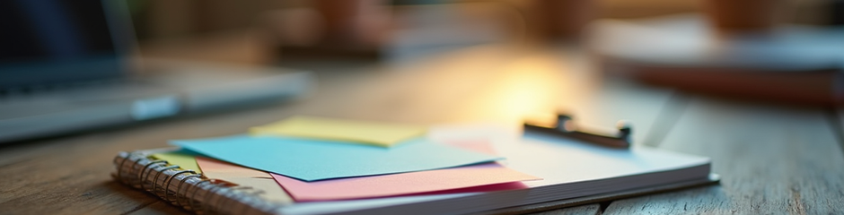 Spiral notebook with colorful sticky notes on a wooden desk
