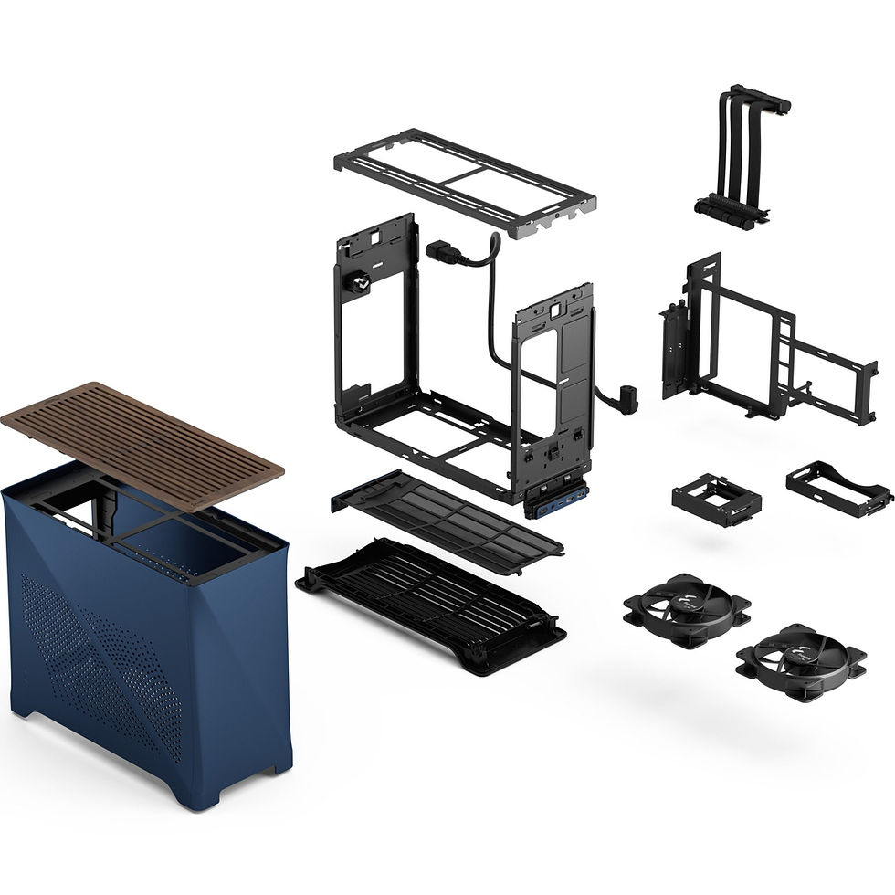 Fractal Design Era 2
Exploded view of a blue PC case showing various black components, including a frame, cover, fans, and cables, against a white background.