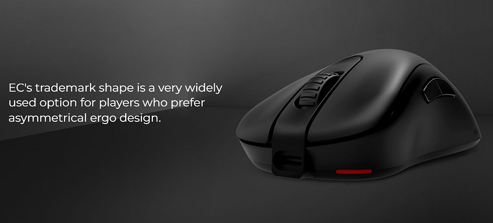 ZOWIE EC-CW Black ergonomic gaming mouse on dark background with text: "EC's trademark shape is widely used for players preferring asymmetrical ergo design."
