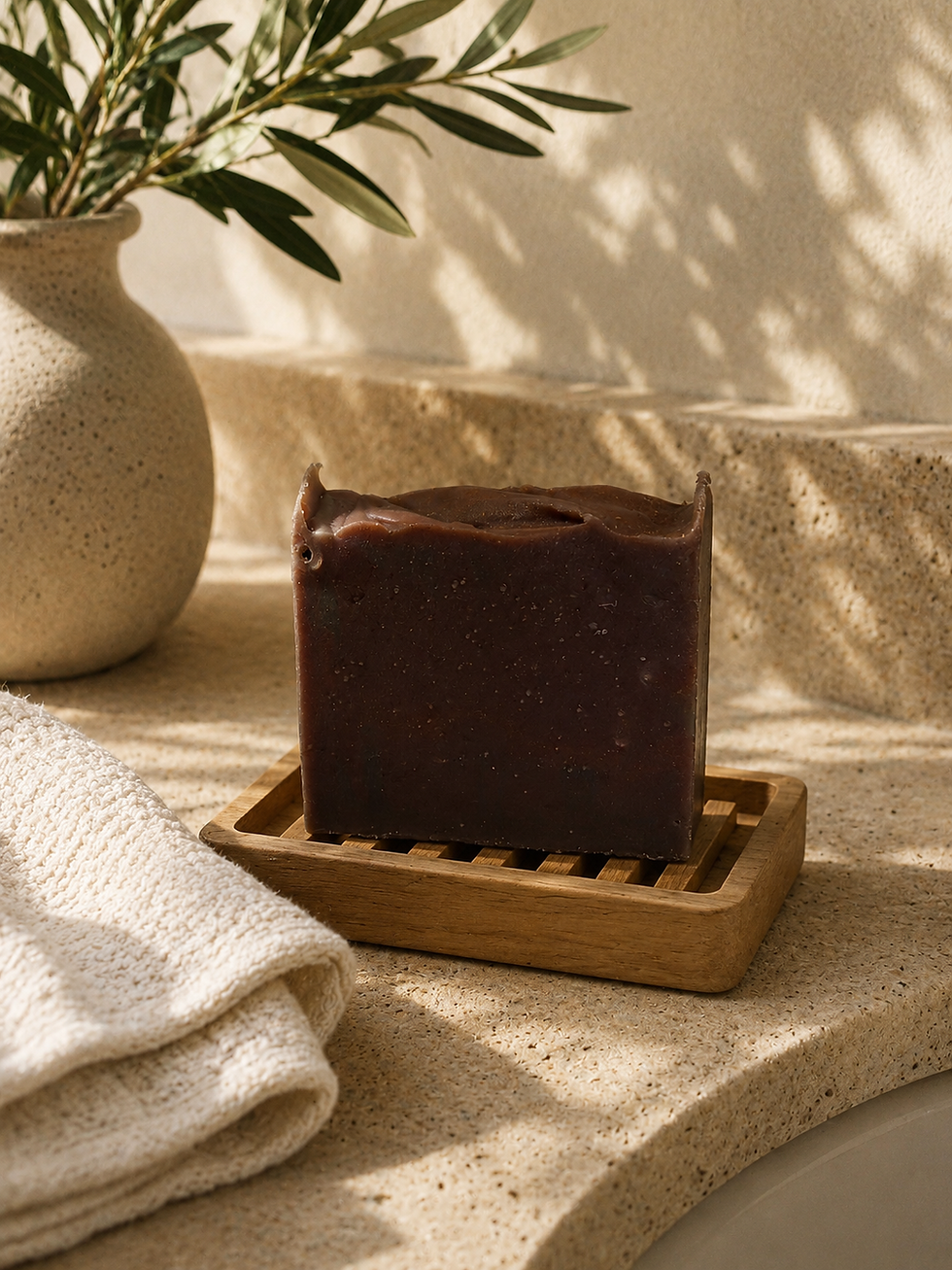 Handcrafted Palo Santo Soap resting in a natural bamboo soap dish, styled for an elevated everyday ritual.