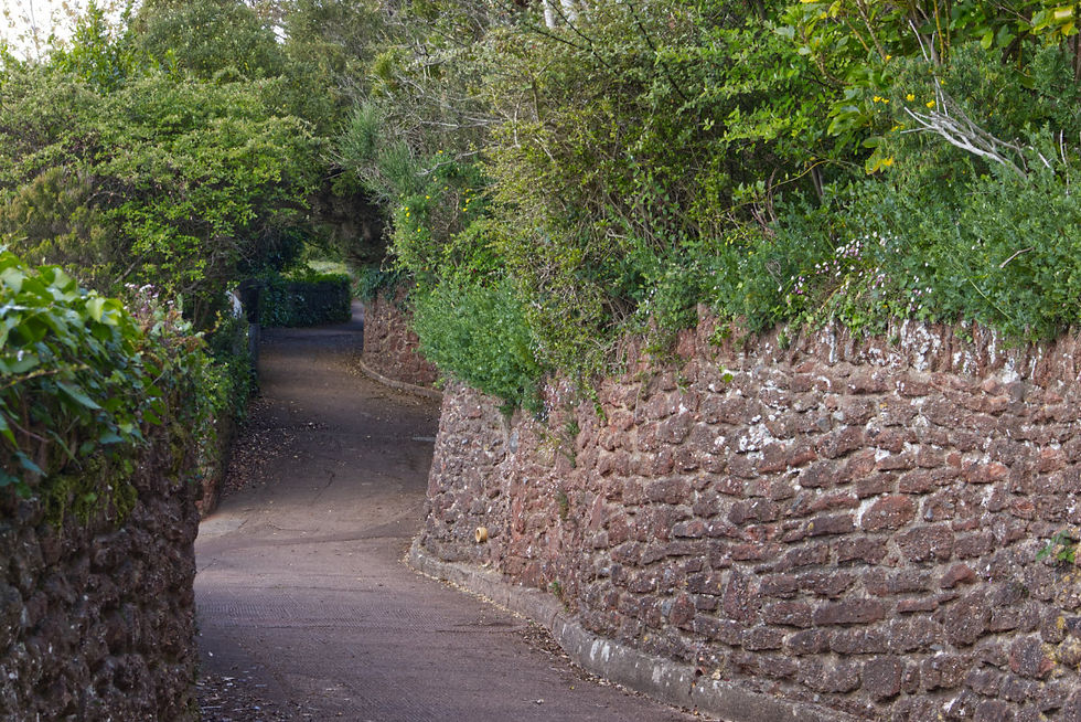 Some walkways are lined with curving stone walls in the same red breccia while some are hewn out of the natural rock.