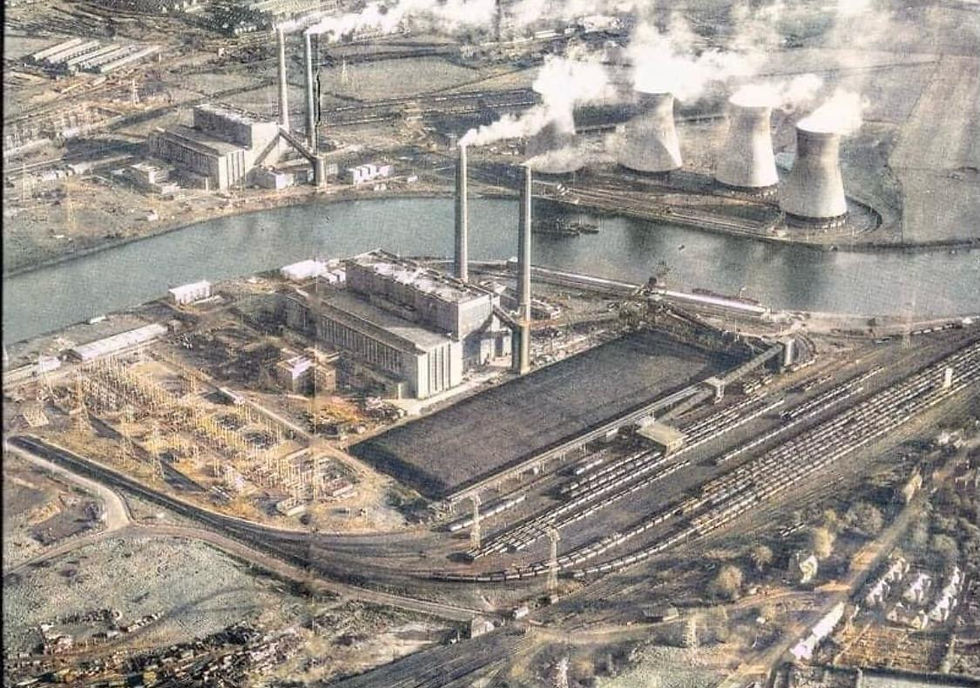 Aerial photograph of Blaydon Power Station with chimneys and cooling towers during its operational years on the River Tyne.