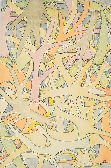 PADLOO SAMAYUALIE Antlers and Bones (2019), Lithograph Print, Inuit, Kinngait, Art Gifts, Inuit Art, Graphic Artist, Edgelands, Island Art, Prints, Authentic, Indigenous art, Printmaking, Printmaker, Dorset Fine Arts, Arctic Life, limited edition prints, landscape drawing, nature art, original drawings, printmaking, Isle of Gigha
