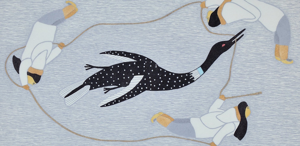 hasing The Loon (2015), Stonecut & Stencil Print, 38.5 x 60.8cm. Courtesy of Dorset Fine Arts © Qavavau Manumie.