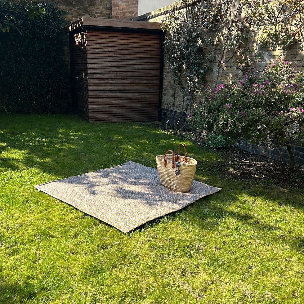 Thumbnail: Waterproof picnic blanket outdoor setting - Golden yellow Poppy floral design by Petiotes London