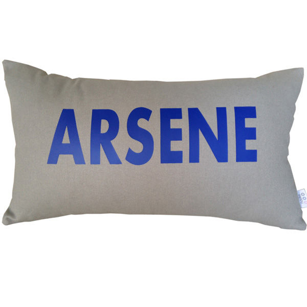 Thumbnail: Light grey name cushion Arsene in blue block capitals — Petiotes London
