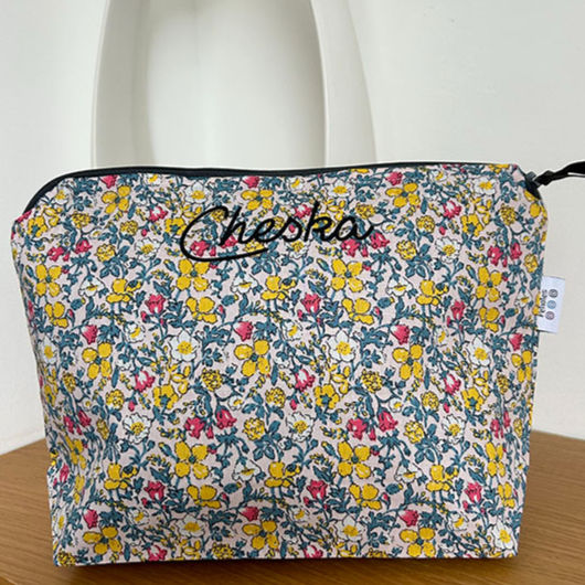 Thumbnail: Large personalised toiletry bag with colourful floral print, washable cotton wash bag for travel or home organisation