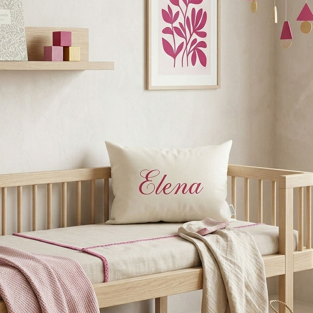 Personalised baby girl name cushion in cream cotton with pink cursive script in nursery, handmade in London — Petiotes