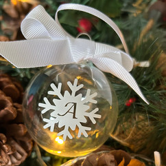 Personalised glass Christmas bauble with snowflake and initial A — Snowflake collection handcrafted in London by Petiotes