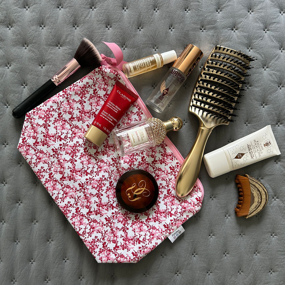 Thumbnail: Personalised pink floral wash bag with hairbrush — practical waterproof toiletry bag by Petiotes London
