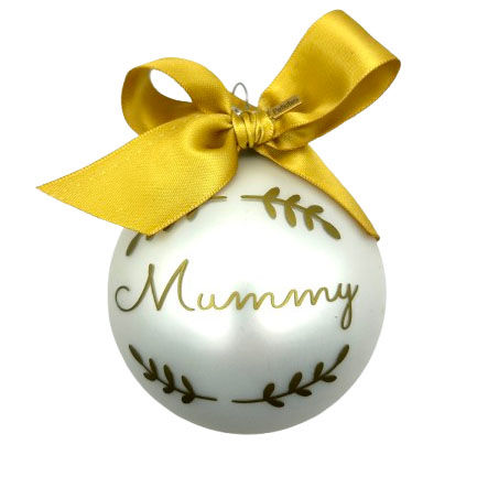 cutout image of a white personalised bauble with gold writing and ribbon