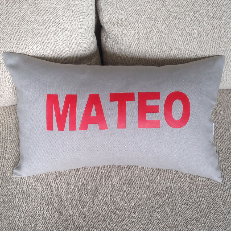 Thumbnail: Grey name cushion Mateo in red block capitals — Petiotes London