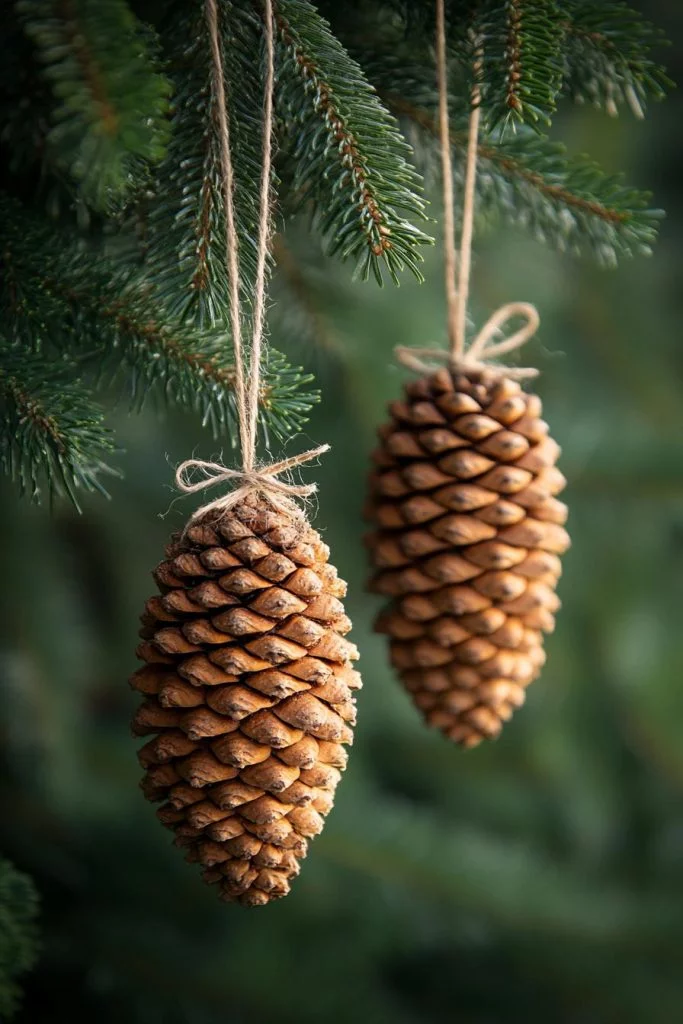 Natural pinecone ornaments hanging from a Christmas tree — eco-friendly and rustic handmade decoration idea.