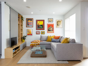 Colorful modern living room with hidden storage