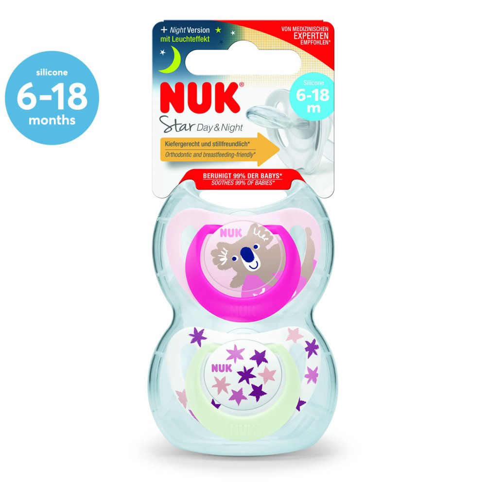 STAR DAY NIGHT SOOTHER SIZE 2 6-18M PINK 2 PACK