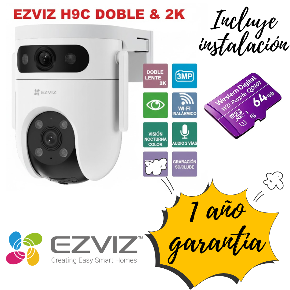 Cámara EZVIZ Doble Lente 2K Exterior 360° + MicroSD 64GB + Instalación