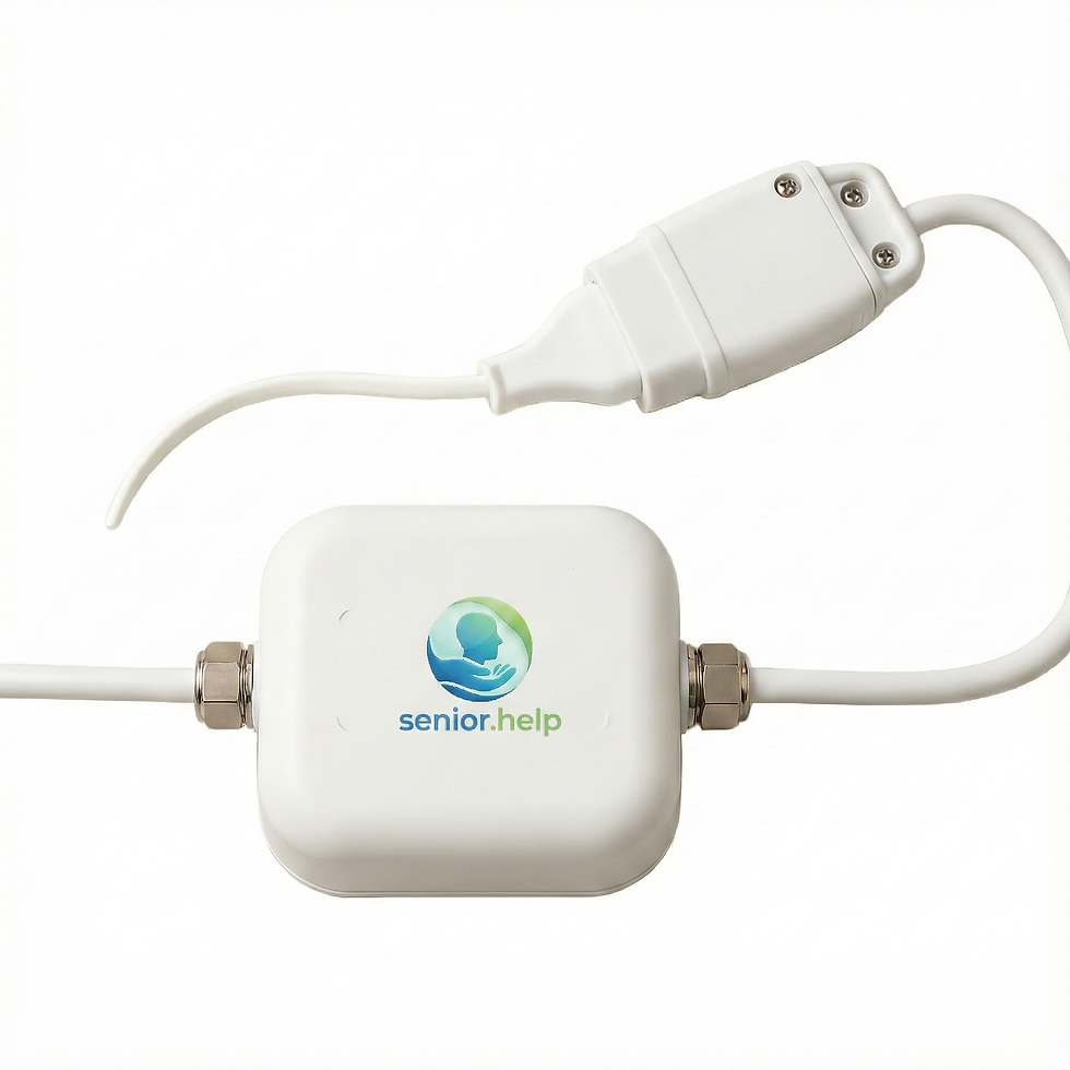 Miniaturbild: White senior.help device, Das Gehirn von senior.help bei Ihnen zu Hause ohne Cloud, with white cable and connector.