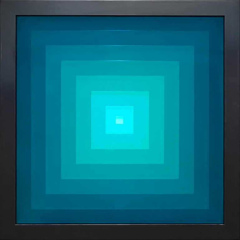 Illuminated square light-object with seven layers of blue green transparent acrylic squares framed in blue steel.