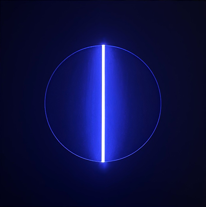 Interactive light-object with blue vertical light line in black deepened circle in black  square.