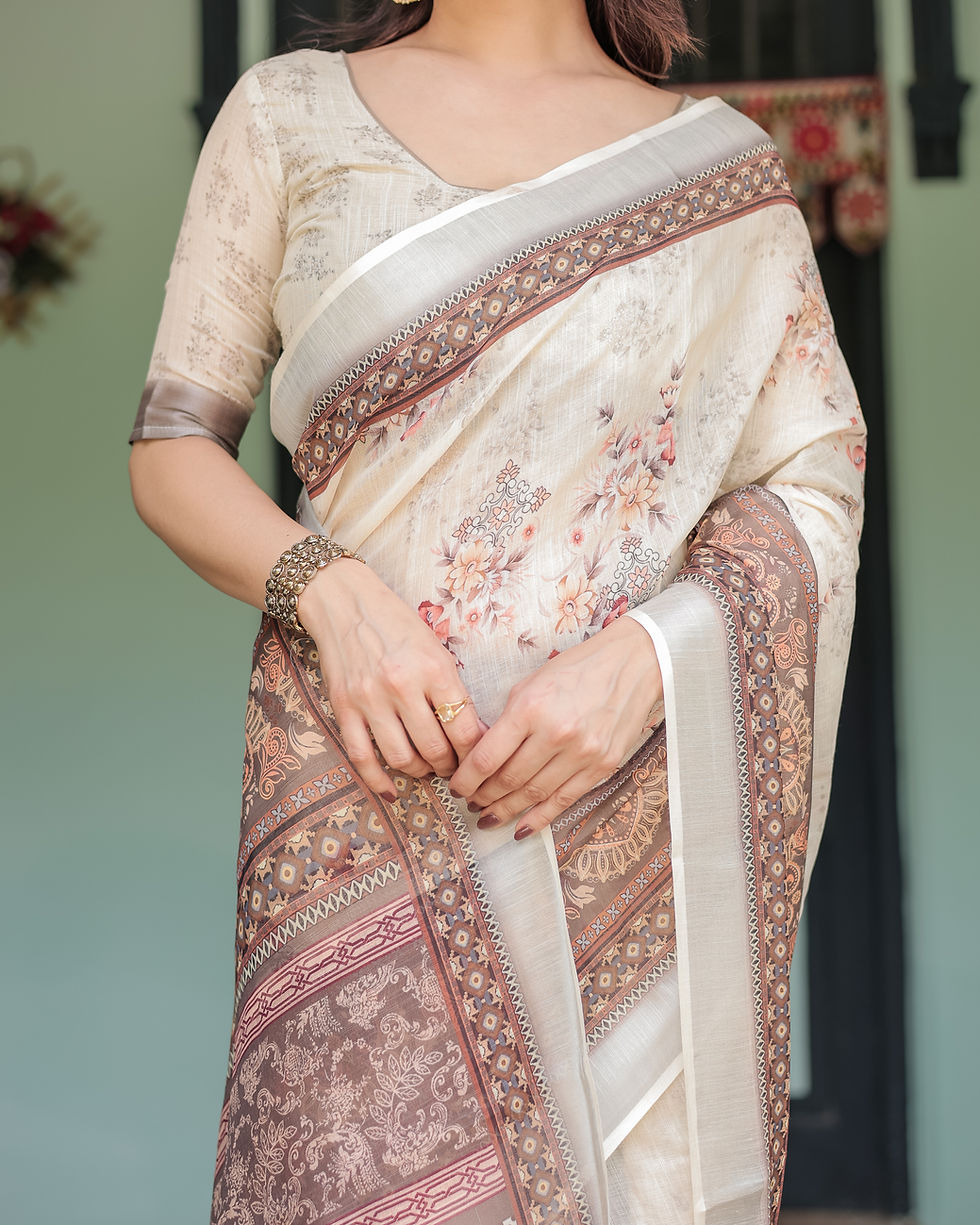 Thumbnail: Close-up of a premium beige linen saree showcasing a subtle floral print and an intricate ethnic patterned pallu.
