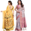 Thumbnail: Back view of yellow printed saree with green motif, and full view of pink geometric Banarasi saree.
