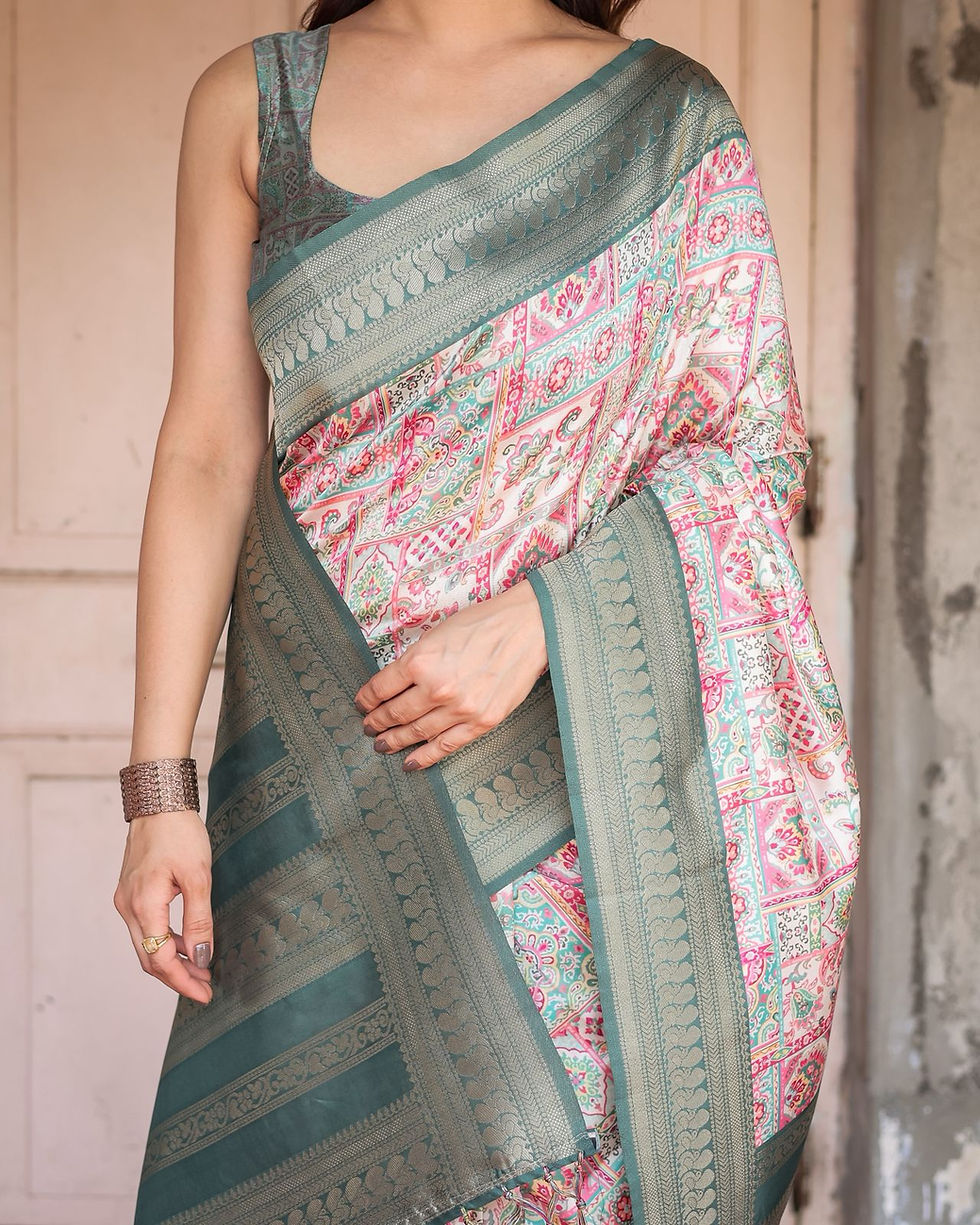 Thumbnail: Close-up of Silk Saree showing the geometric pink/aqua print and the heavy Teal Banarasi woven border detail.