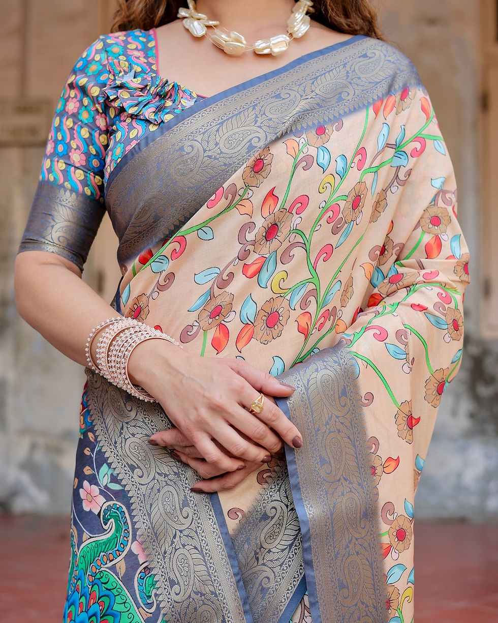 Thumbnail: Close-up of Tussar Silk Saree showing the soft pastel floral print and the dark blue woven zari paisley border.