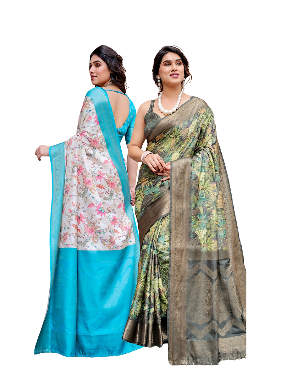 Dark tropical print with gold zari and white floral print with bright aqua blue Banarasi border.