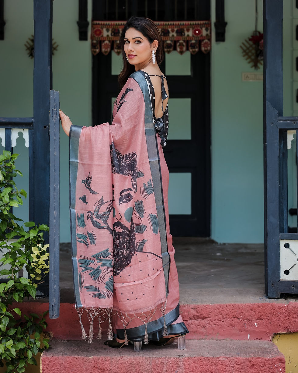 Stylish Designer Linen Saree in dusty rose pink with unique modern print art and contrast black/gray border.