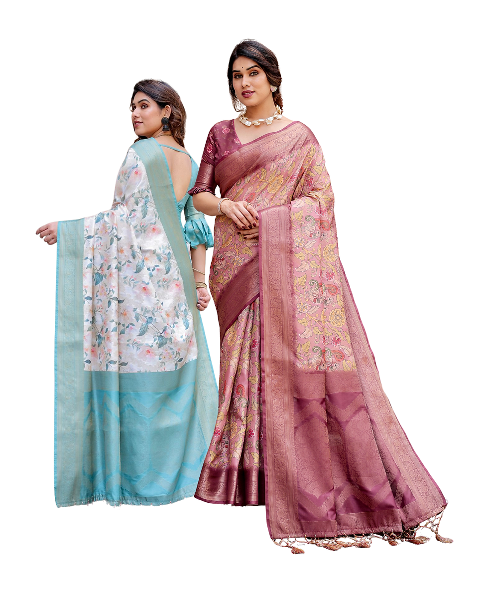 Close-up of aqua floral print alongside dusty rose silk with intricate gold zari weaving