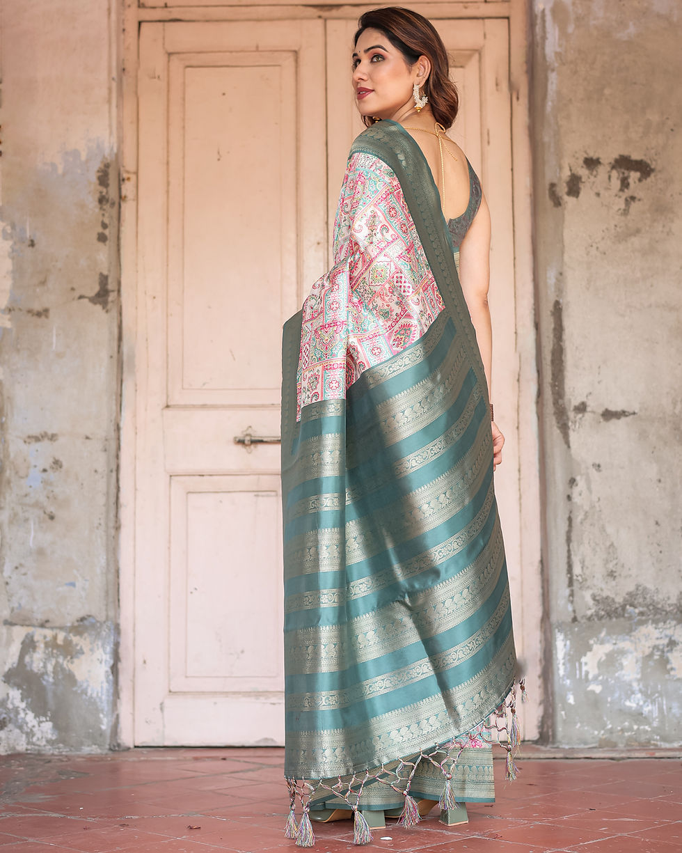 Thumbnail: Back view of a designer silk saree with a contrast striped teal pallu and colorful mosaic print body.