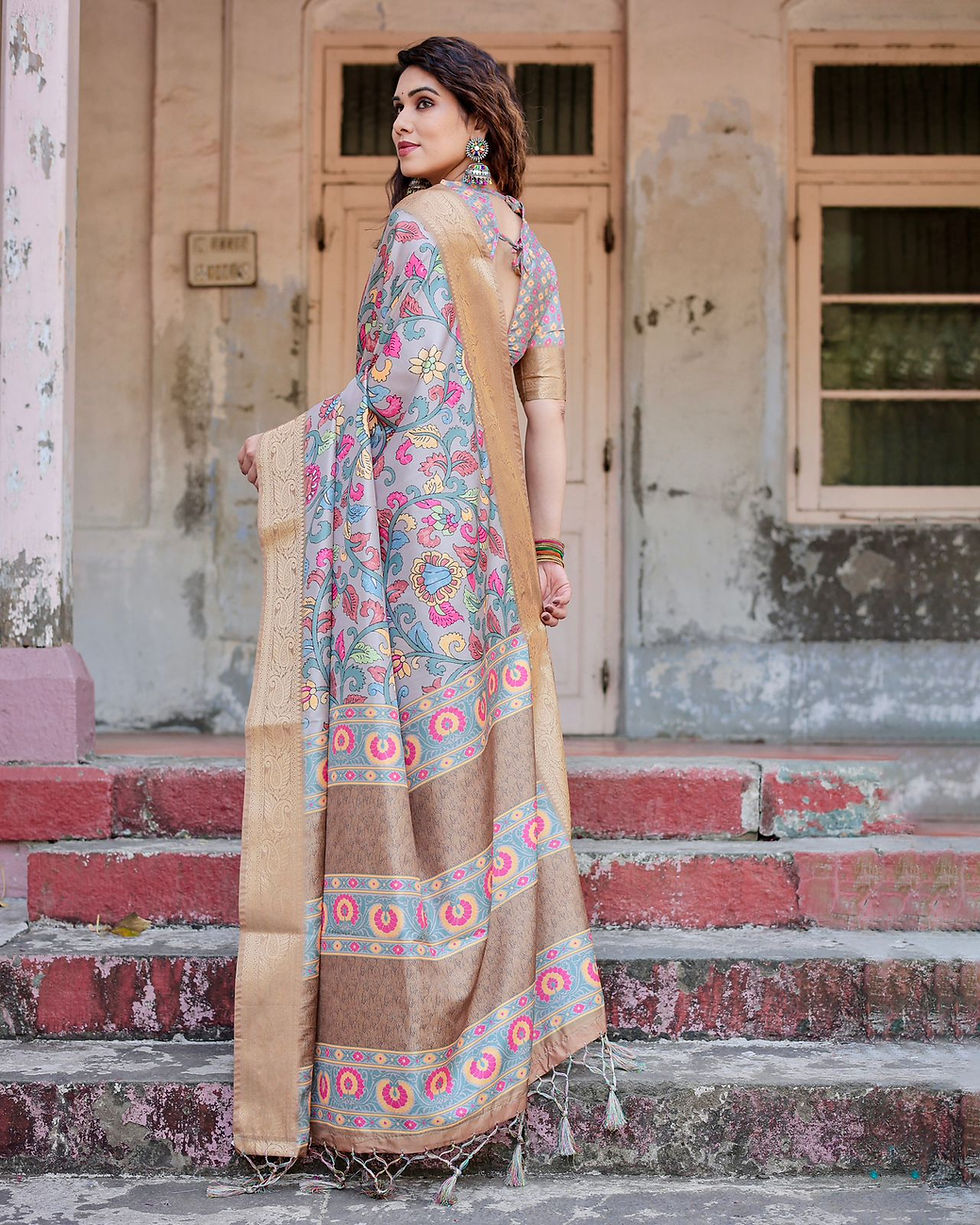 Back view of Grey Silk Saree highlighting the patterned pallu band and rich zari border. Shop Kalamkari sarees.