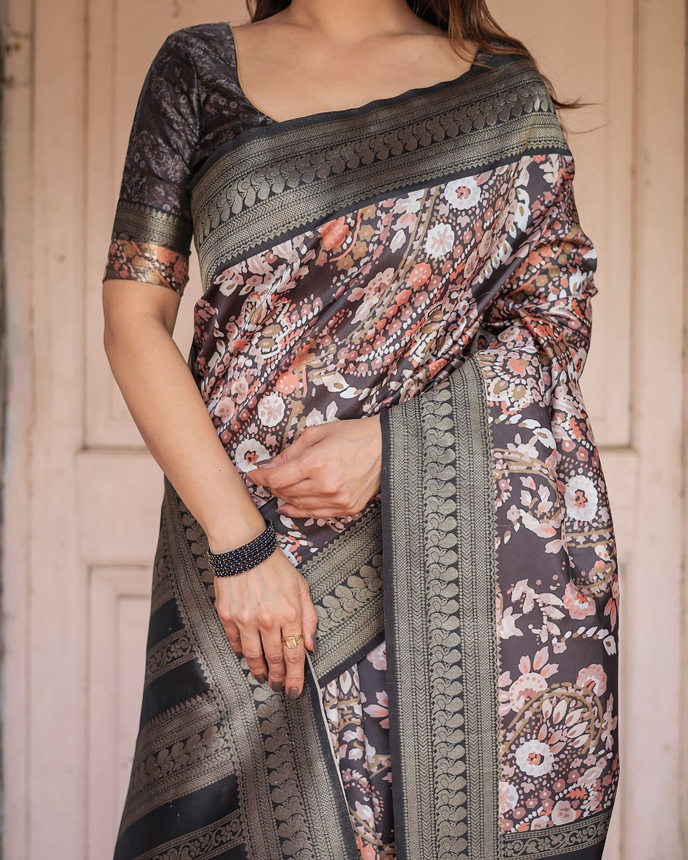 Thumbnail: Close-up of Digital Print Silk Banarasi with soft peach/white floral design and a broad zari woven border.