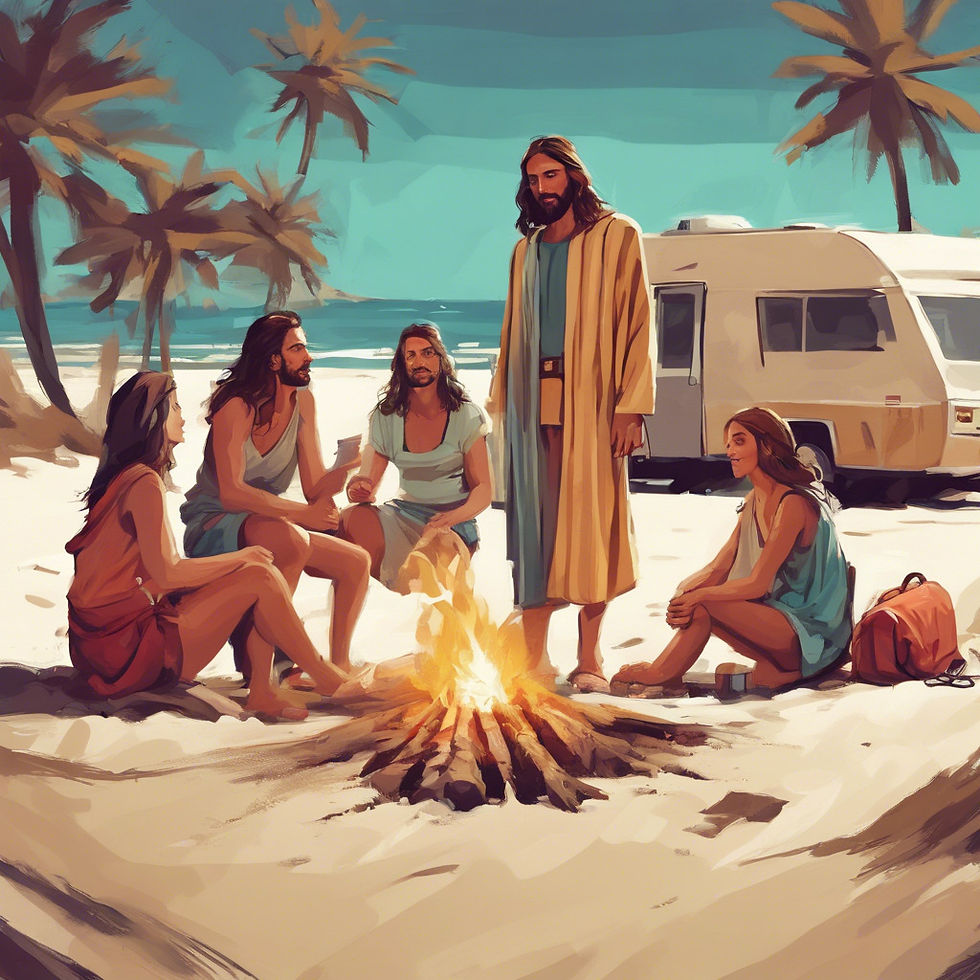 Jesus Cristo acampando em uma praia com um grupo de jovens.jpg