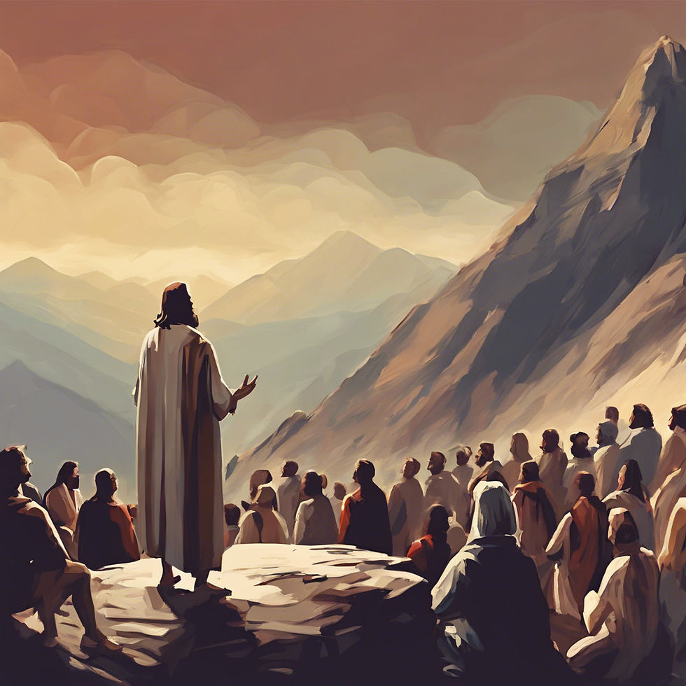 Jesus pregando para uma multidao e ao fundo uma grande montnha