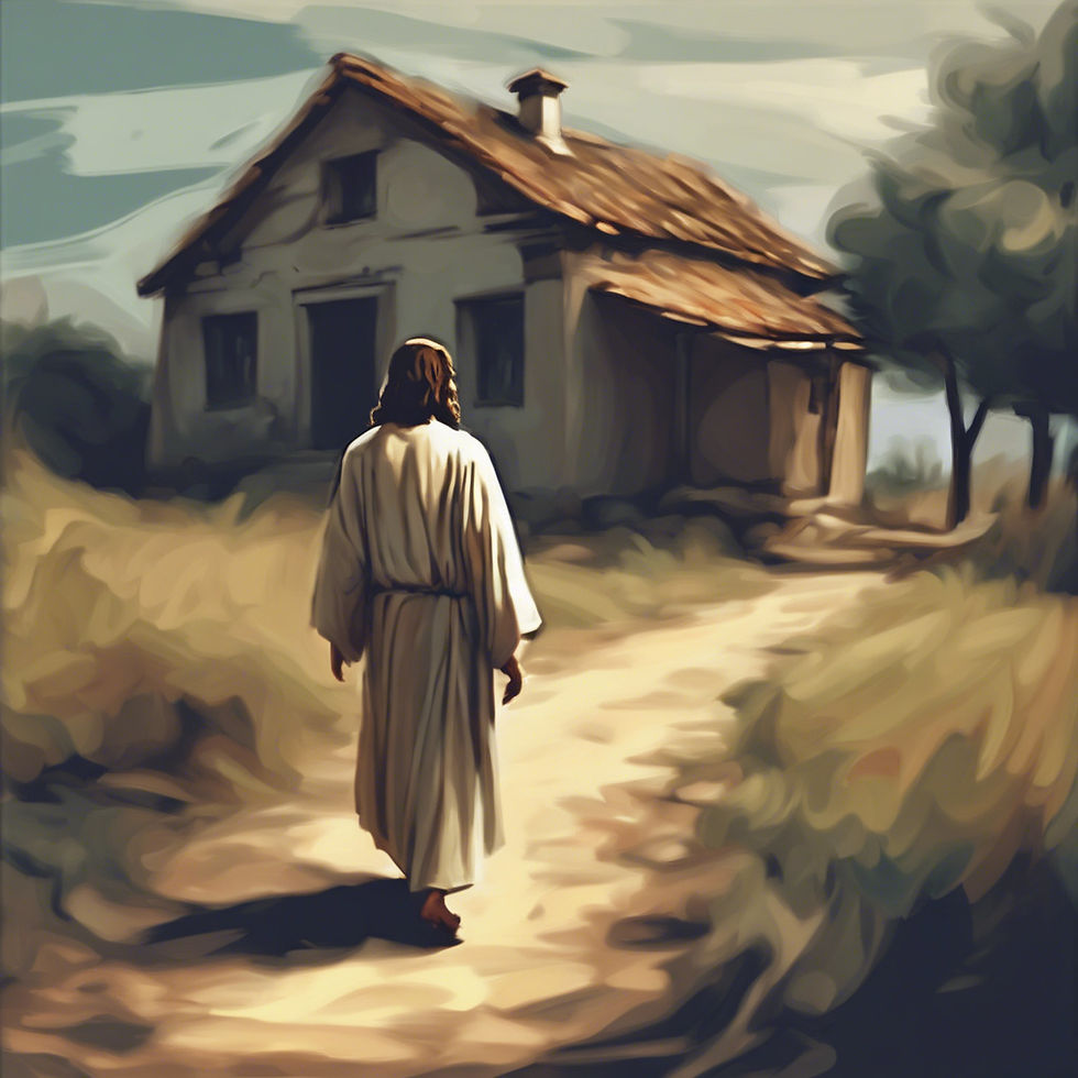 Jesus andando em um caminho de terra e ao lado uma casa modesta
