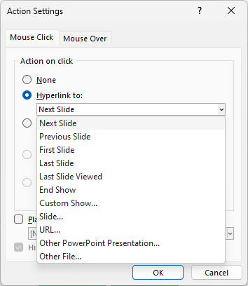 PowerPoint Action Settings on buttons to create menu